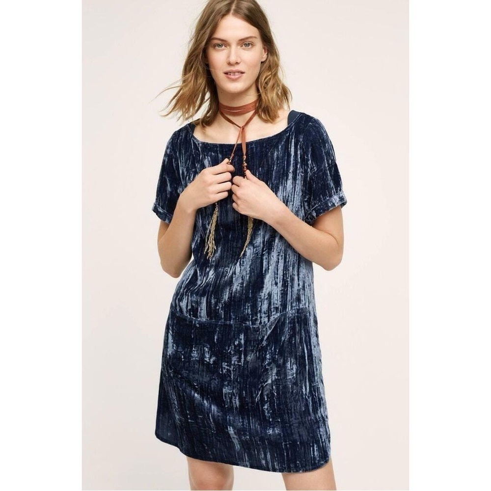 Anthropologie floreat blue crinkled velvet mini shift dress size small